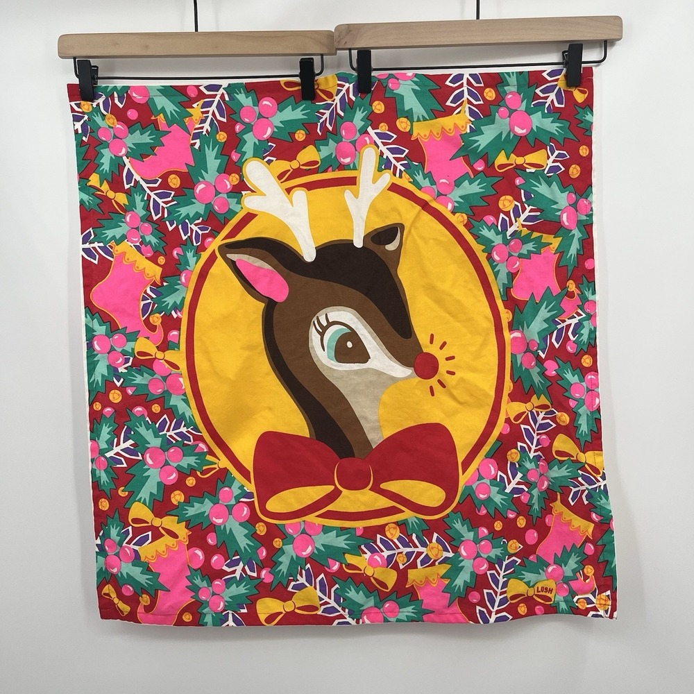Lush Organic Cotton Scarf Vintage Christmas Red Nosed Reindeer Retro Bow Pattern